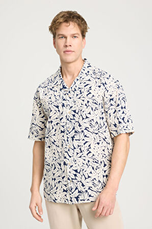 Relaxed Fit Geniş Kesim Kısa Kollu %100 Pamuk Lacivert Gömlek