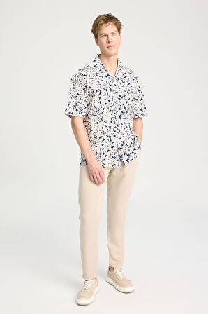 Relaxed Fit Geniş Kesim Kısa Kollu %100 Pamuk Lacivert Gömlek