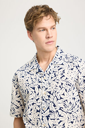 Relaxed Fit Geniş Kesim Kısa Kollu %100 Pamuk Lacivert Gömlek