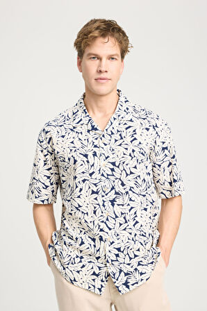 Relaxed Fit Geniş Kesim Kısa Kollu %100 Pamuk Lacivert Gömlek