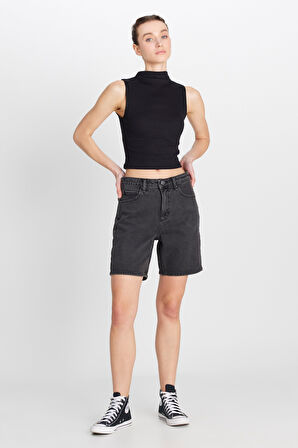 Slim Fit Dar Kesim Normal Bel Bermuda Antrasit Jean Kot Şort