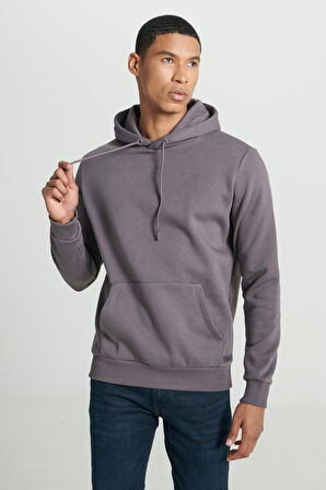 Regular Fit Normal Kesim Kapüşonlu İçi Polarlı Cep Detaylı Gri Sweatshirt