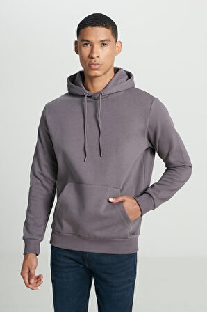Regular Fit Normal Kesim Kapüşonlu İçi Polarlı Cep Detaylı Gri Sweatshirt