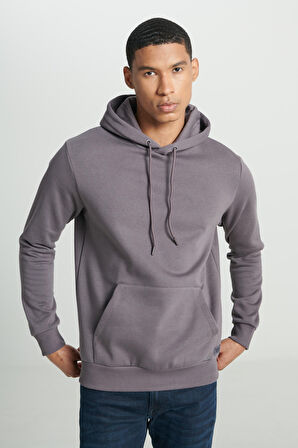 Regular Fit Normal Kesim Kapüşonlu İçi Polarlı Cep Detaylı Gri Sweatshirt