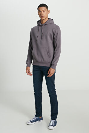 Regular Fit Normal Kesim Kapüşonlu İçi Polarlı Cep Detaylı Gri Sweatshirt