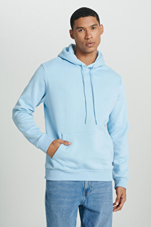 Regular Fit Normal Kesim Kapüşonlu İçi Polarlı Cep Detaylı Turkuvaz Sweatshirt