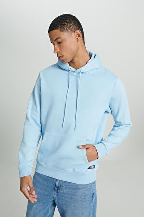 Regular Fit Normal Kesim Kapüşonlu İçi Polarlı Cep Detaylı Turkuvaz Sweatshirt