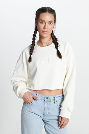 Bisiklet Yaka %100 Pamuk Ekru Crop Sweatshirt