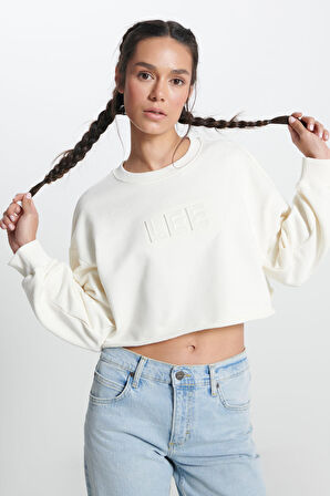 Bisiklet Yaka %100 Pamuk Ekru Crop Sweatshirt