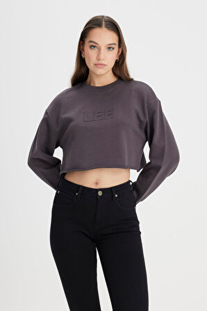 Bisiklet Yaka %100 Pamuk Siyah Crop Sweatshirt