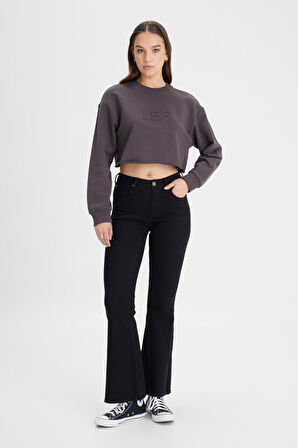 Bisiklet Yaka %100 Pamuk Siyah Crop Sweatshirt