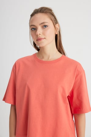 Relaxed Fit Geniş Kesim Bisiklet Yaka %100 Pamuk Turuncu Tişört