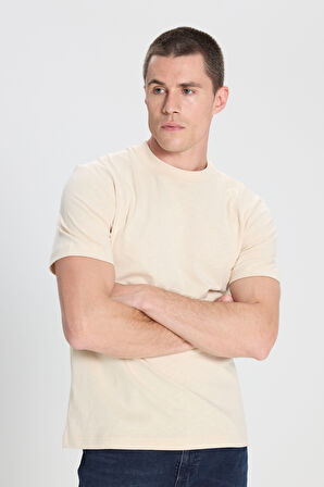 Regular Fit Normal Kesim Bisiklet Yaka %100 Pamuk Bej Tişört