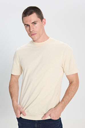 Regular Fit Normal Kesim Bisiklet Yaka %100 Pamuk Bej Tişört