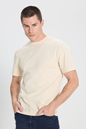 Regular Fit Normal Kesim Bisiklet Yaka %100 Pamuk Bej Tişört