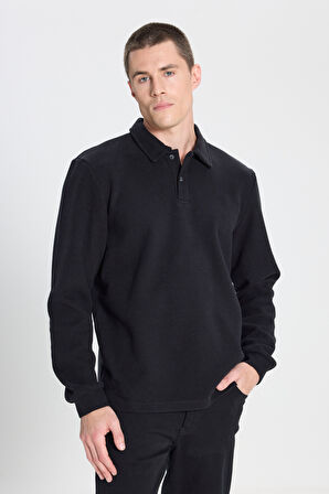 Regular Fit Normal Kesim Polo Yaka Siyah Sweatshirt