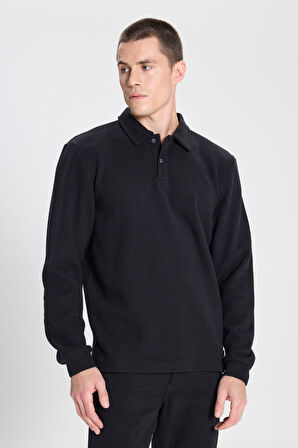 Regular Fit Normal Kesim Polo Yaka Siyah Sweatshirt