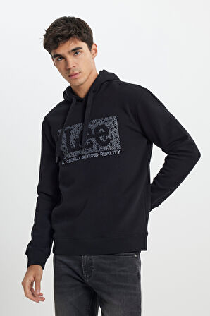 Regular Fit Normal Kesim Kapüşonlu İçi Polarlı Siyah Sweatshirt