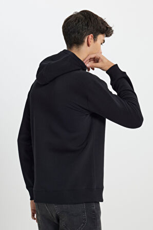 Regular Fit Normal Kesim Kapüşonlu İçi Polarlı Siyah Sweatshirt