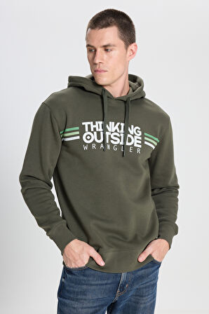 Regular Fit Normal Kesim Kapüşonlu İçi Polarlı Haki Sweatshirt