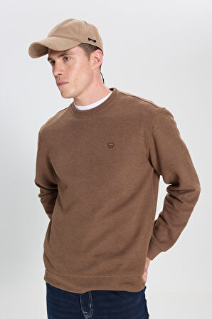 Regular Fit Normal Kesim Bisiklet Yaka Kahverengi Sweatshirt