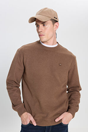 Regular Fit Normal Kesim Bisiklet Yaka Kahverengi Sweatshirt