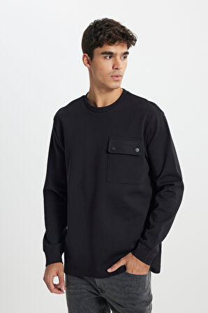 Relaxed Fit Geniş Kesim Bisiklet Yaka Siyah Sweatshirt