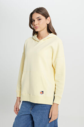 Loose Fit Rahat Kesim Kapüşonlu İçi Polarlı Sarı Sweatshirt