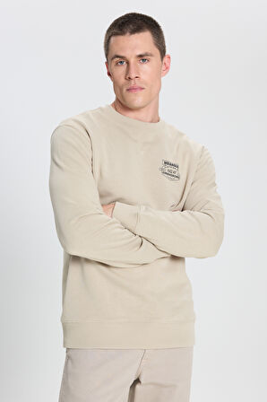 Regular Fit Normal Kesim Bisiklet Yaka Taş Rengi Sweatshirt