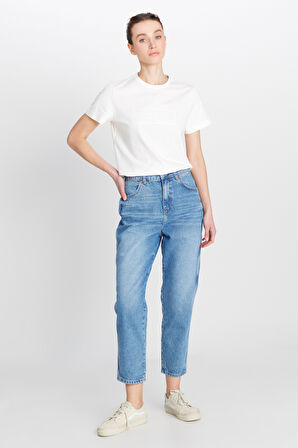 %100 Pamuk Mom Fit Yüksek Bel Mavi Jean Denim Pantolon