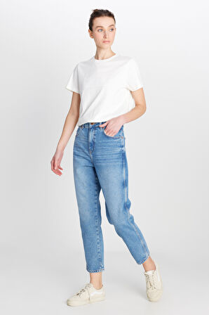 %100 Pamuk Mom Fit Yüksek Bel Mavi Jean Denim Pantolon