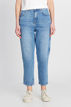 %100 Pamuk Mom Fit Yüksek Bel Mavi Jean Denim Pantolon