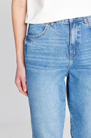 %100 Pamuk Mom Fit Yüksek Bel Mavi Jean Denim Pantolon