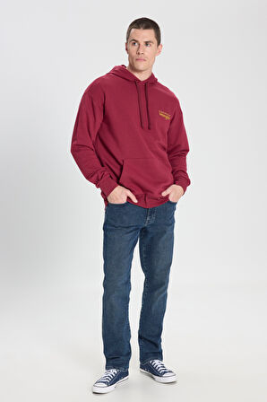 Relaxed Fit Geniş Kesim Kapüşonlu %100 Pamuk Bordo Sweatshirt
