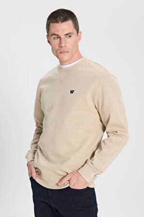 Regular Fit Normal Kesim Bisiklet Yaka Bej Sweatshirt