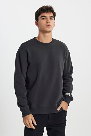 Loose Fit Rahat Kesim Bisiklet Yaka İçi Polarlı Antrasit Sweatshirt