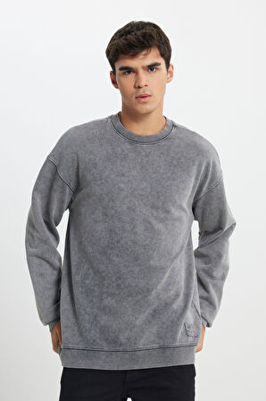 Loose Fit Rahat Kesim Bisiklet Yaka %100 Pamuk Antrasit Sweatshirt