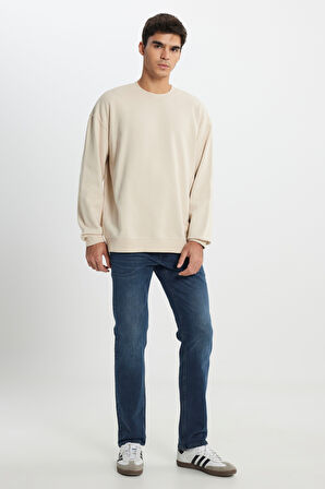 Loose Fit Rahat Kesim Bisiklet Yaka %100 Pamuk Bej Sweatshirt