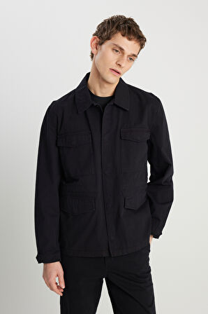 Regular Fit Normal Kesim %100 Pamuk Siyah Military Ceket