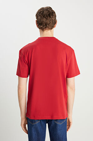 %100 Pamuk Relaxed Fit Geniş Kesim Minimal Logo Kırmızı Tişört