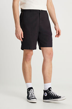 Regular Fit Normal Kesim Lastik Bel Detaylı Siyah Şort