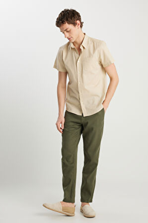 Regular Fit Normal Kesim Lastikli Bel Haki Chino Pantolon