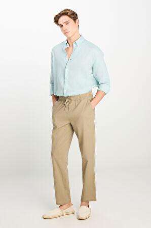 Regular Fit Normal Kesim Lastik Bel Detaylı Keten Karışımlı Deve Tüyü Pantolon