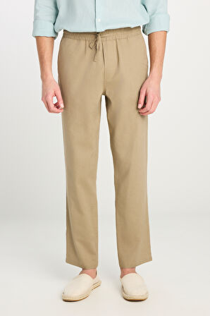 Regular Fit Normal Kesim Lastik Bel Detaylı Keten Karışımlı Deve Tüyü Pantolon