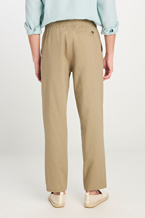 Regular Fit Normal Kesim Lastik Bel Detaylı Keten Karışımlı Deve Tüyü Pantolon