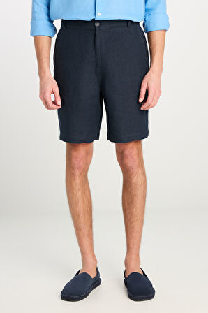 %100 Keten Regular Fit Normal Kesim Lastik Bel Detaylı Mavi Şort