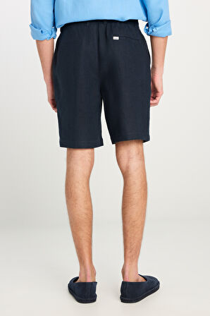 %100 Keten Regular Fit Normal Kesim Lastik Bel Detaylı Mavi Şort