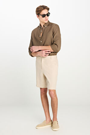 %100 Keten Regular Fit Normal Kesim Lastik Bel Detaylı Bej Şort