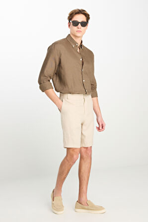 %100 Keten Regular Fit Normal Kesim Lastik Bel Detaylı Bej Şort