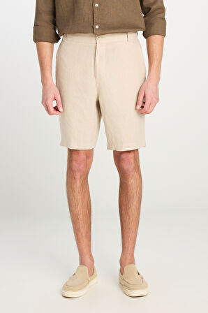%100 Keten Regular Fit Normal Kesim Lastik Bel Detaylı Bej Şort